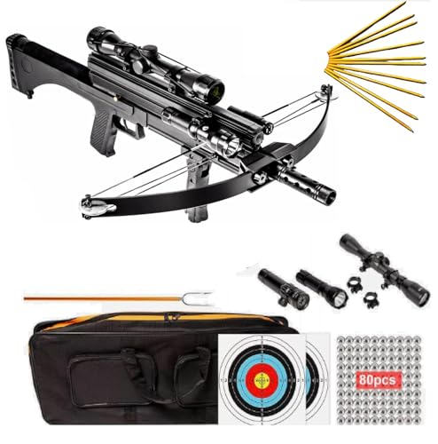 120lbs WT4 Hybrid Crossbow 250 fps Flashlight,Scope,Tactical Light,Laser Sight and Magazine. 12 Bolts Plus 80 Balls Combo.