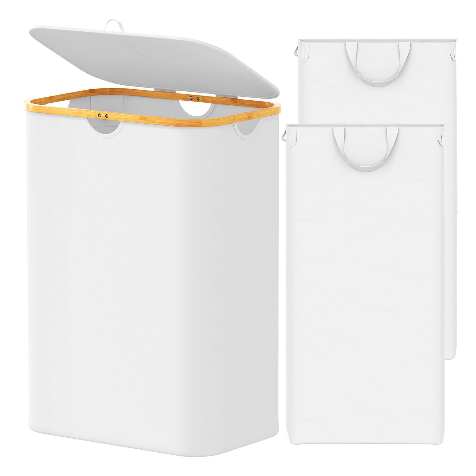 SpaceAid Double Laundry Hamper 2 Section with Lid and Removable Laundry Bags, 160L Clothes Basket with Bamboo Handles, Large Collapsible Hamper for Bedroom, Bathroom, Dorm, Laundry Room - White โ image 1