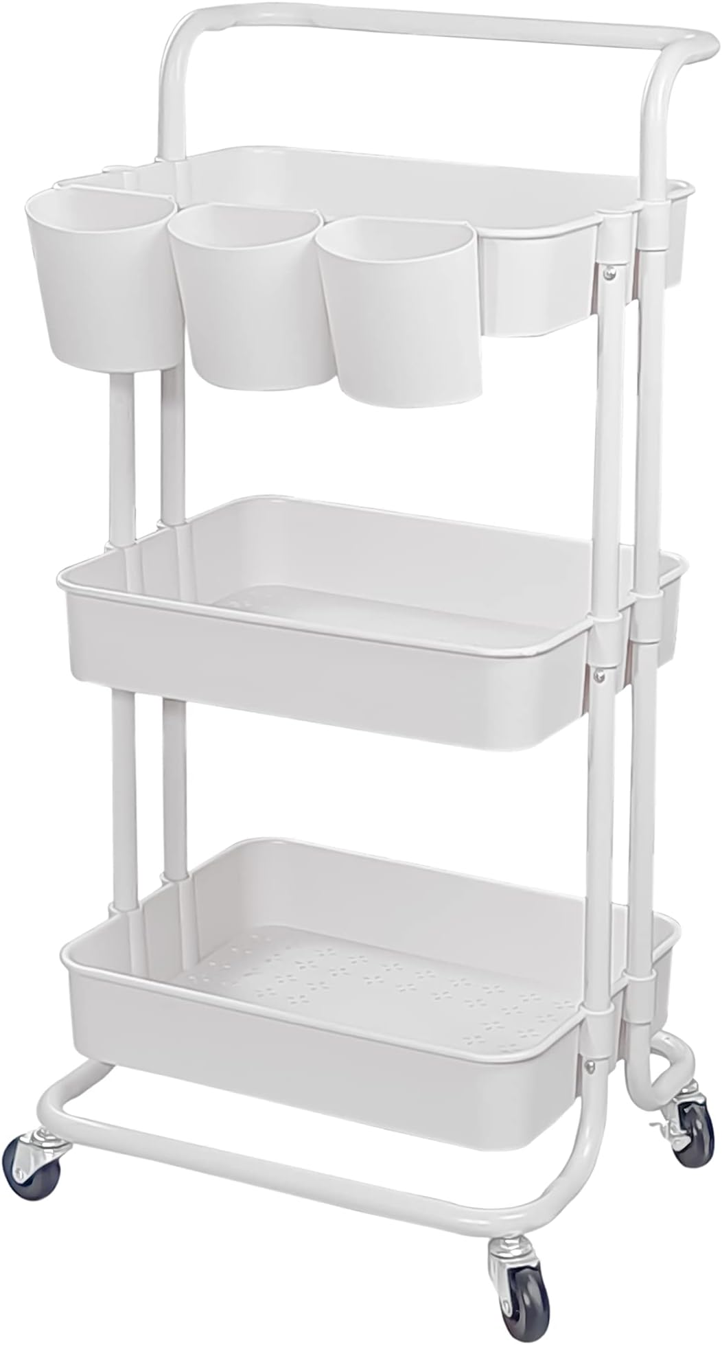 3-Tier Utility Rolling Cart Multifunction Storage Service Cart with Handle and Lockable Wheels for Kitchen Bathroom Office Laundry Room (White)
