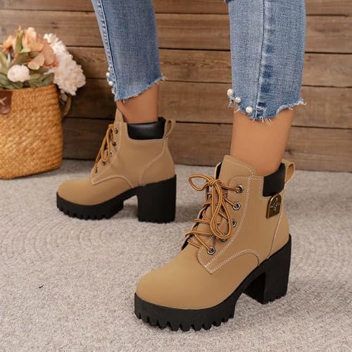 Women Ankle Boots Platform Lace Up Chunky Heel Booties Stacked Heel Round Toe Pull on Motorcycle Mid Calf Boots2