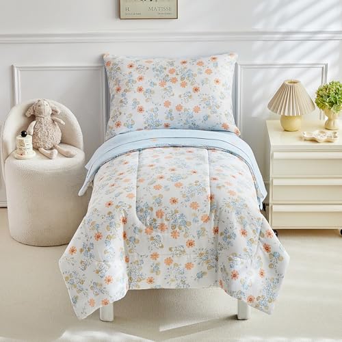 Image of JHXHMX 4 Pieces Toddler Bedding Set,Orange Floral Toddler Comforter Sets for Girls,Soft Crib Bed Sheets Set Includes Quilted Comforter,Fitted Sheet,Flat Top Sheet and Envelope Pillowcase