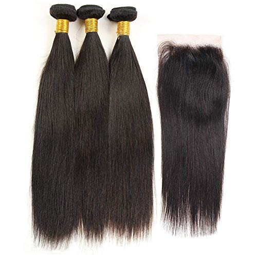 Shimei Brazilian Virgin Straight Hair 3 Bundles with Lace Closure (12 14 16 + 10 Free Part) Unprocessed Remy Hair Extensions Straight Human Hair Bundles with Closure Natural Black Colour