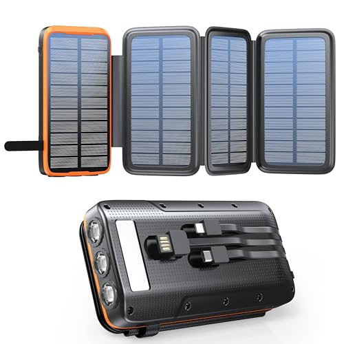 Batterie Externe Solaire 20000mAh, Chargeur Solaire avec 3 câbles QC4.0 22,5W USB C 20W, Fonction de Charge Rapide, avec 4 Panneaux solaires et 3 Lampes de Poche LED...