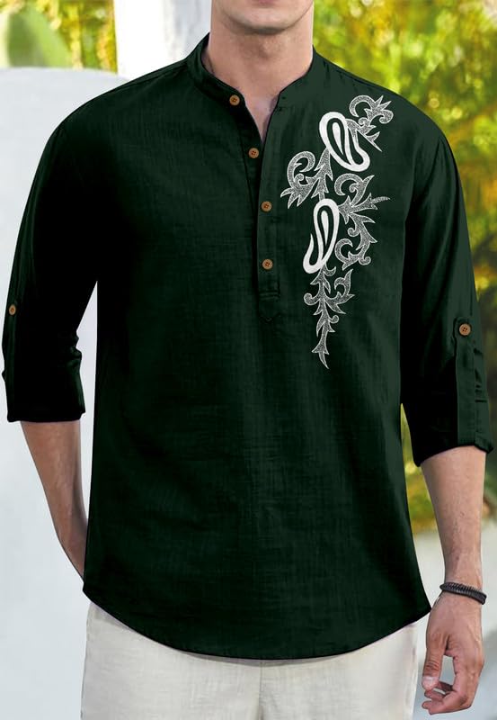 Image of Men's Printed Cotton Blend Short Kurta | Regular Fit Casual Kurta Shirt for Men with Mandarin Collar | Ethnic