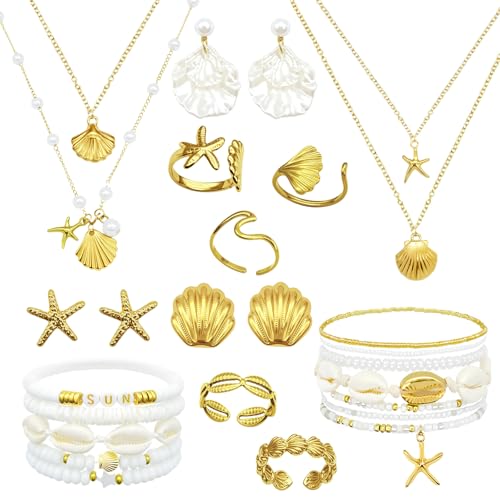 Seashell Starfish Jewelry Set for Women Sea shell Charm Necklace Summer Beach Bracelets Ocean Earrings Rings Nautical Anklet Set for Seaside Vacation