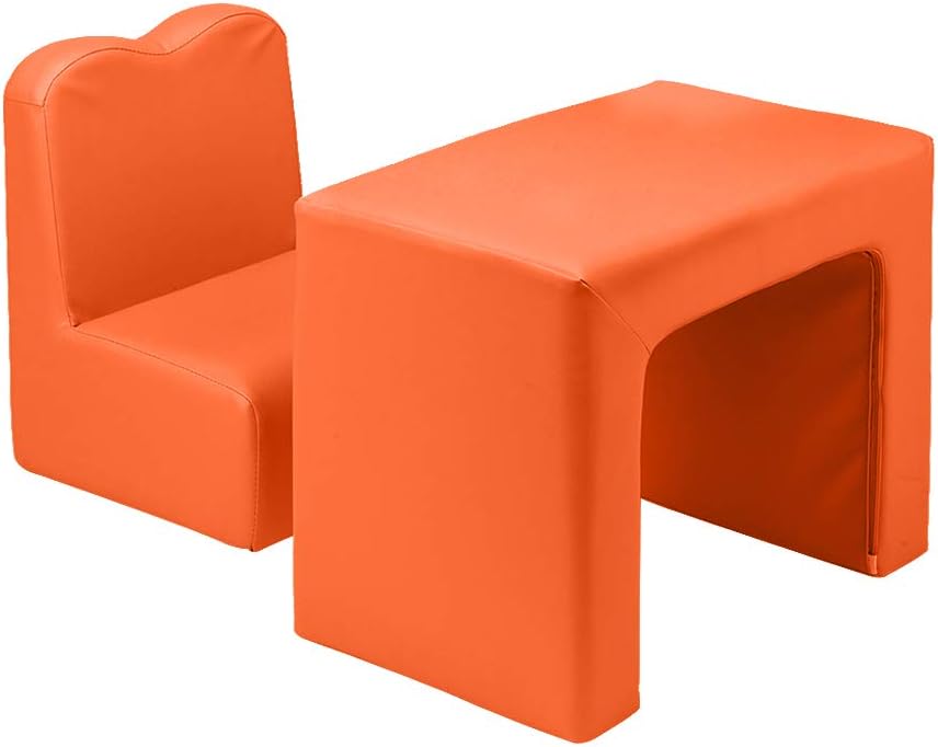 JOYMOR Multifunctional 2in1 Kids Sofa, PVC Toddler Armchair Sofa with Compact Design, Padded Sofa Chair Table Set for Girls & Boys (Orange)