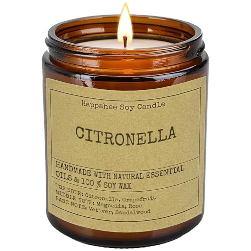 Happahee Mosquito-Free Ambiance Soy Candle | 7.7oz Scented Candle with Grapefruit Magnolia & Vetiver | 48-Hour Burn for Relaxing | Eco-Friendly Amber Glass Jar (CITRONELLA)