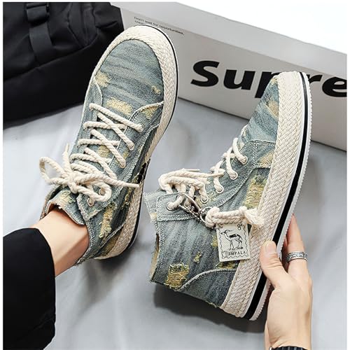 Exusiai Men High-Top Distressed Denim Skate Shoes Breathable Cloth Non-Slip Outdoor Casual Shoes Good Grip, Lace-Up Closure, Round Toe2