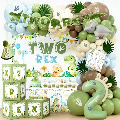 Hombae Dinosaur Birthday Decorations 2nd Birthday Decorations for Boys with Two Rex Backdrop Balloon Arch Boxes and Tablecloth for Boys 2 Year Old Jungle Safari Party Supplies