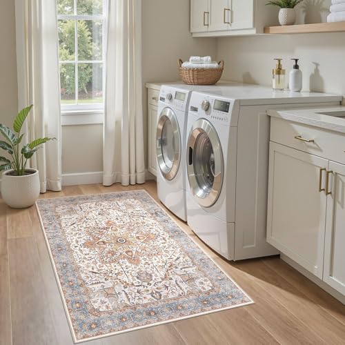 Tortania Area Rug Living Room Rugs - 3x5 Washable Rug Vintage Oriental Distressed Farmhouse Small Thin Indoor Carpet for Living Room Bedroom Under Dining Table Home Office - Azure Orange