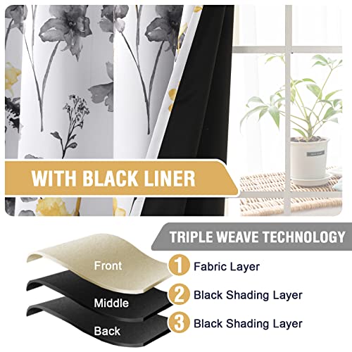 Image of BFAM Floral Print 120% Blackout Curtain with Black Linning at Back, Floral Print Curtains for Living Room /Bedroom Thermal Insulated Energey Saving, Catteleya Yellow, 12 Feet,Pack of 1 Curtain