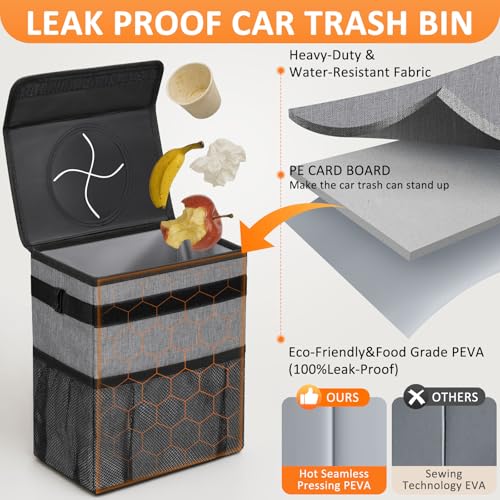 Image of Vankor Car Trash Can with Lid , 100% Leak-Proof Vehicle Trash Can Hanging Car Garbage Can for Back Seat Multipurpose Car Trash Bag Grey