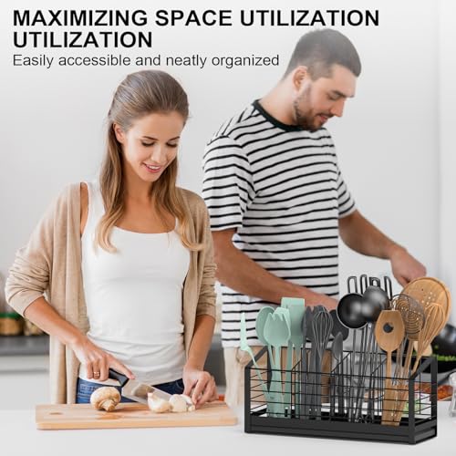 Extra Large Utensil Holder for Kitchen Counter, Kitchen Cooking Utensil Holder Organizer Kitchen Utensil Racks with Drying Base Cooking Tools Storage for Countertop Sink Cutlery Holder, 4 Compartments - Thumbnail 7