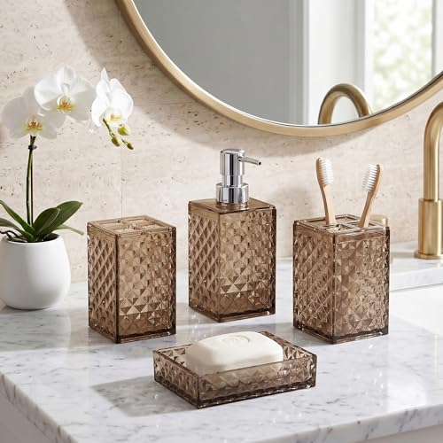Image of Story@Home 4 Pieces Bathroom Accessories Set - Beige | Toothbrush Holder, Soap Dispenser, Mouth Wash Cup & Soap Dish for Home Kitchen & Bathroom | Bathroom Essentials for Office