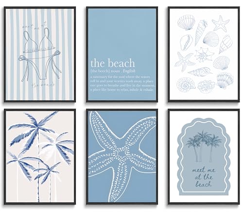 6Pcs Blue Coastal Wall Art Summer Beach Shell Wall Decor Pictures Light Blue Bikini Plant Starfish Posters Canvas Prints for Modern Shoreside Themed Home Decoration Bathroom Room Decoration Unframed
