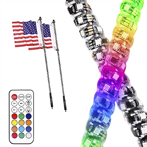 YCHOW-TECH 2PCS 4ft Spiral RGB Led Whip Light with Flag Pole RF Remote Control Spiral RGB Chase Light Offroad Warning Lighted Antenna LED Whips for Can-Am ATV UTV RZR Polaris Dune Buggy Offroad Truck