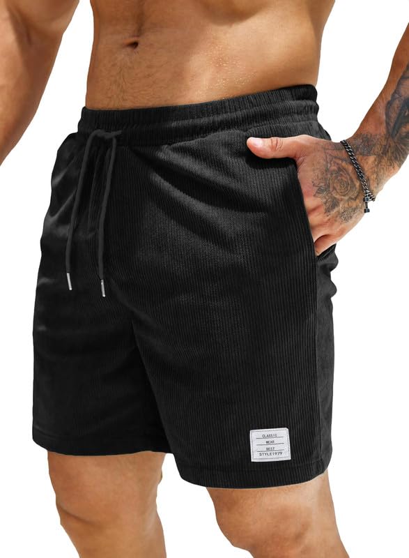 JMIERR Corduroy Shorts Herren Sommer Freizeit Leinen Stretch Baumwolle Elastische Taille mit Taschen