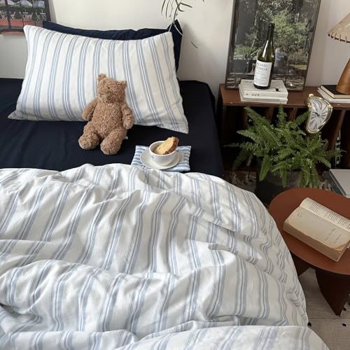 Image of mixinni Vintage Blue & White Striped Duvet Cover Set - 3 Piece 100% Washed Cotton Twin XL Size Bedding | Minimalist Relaxed Style | Ultra Soft Breathable, with Zipper Closure & Corner Ties
