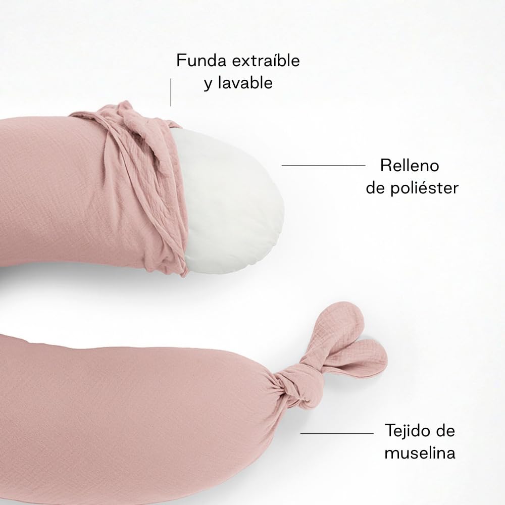Jané Cojín de Lactancia XXL y Embarazo, Almohada para Dormir y Descanso, Funda 100% Algodón Muselina, Rosa - 4