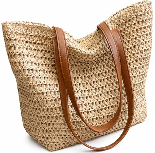 BEACH BAG Women LARGE TOTE with Zipper Lightweight Straw Bag Woven Tote Bag Resort Yacht Woven tote bag women beach shopping handbag lined neutral color summer UAE Dubai ladies shoulder tote Beige