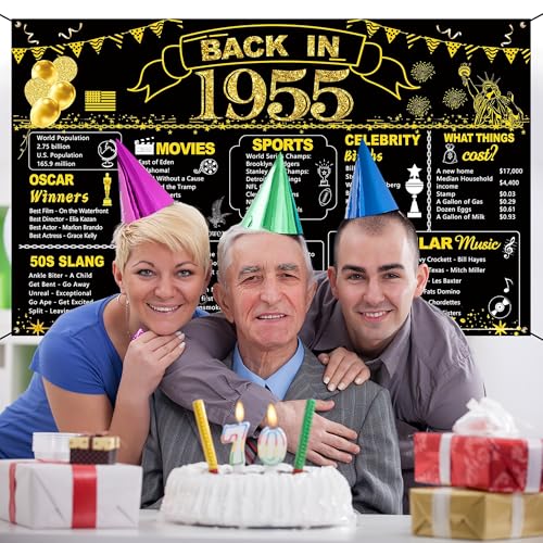 Image of DARUNAXY 71st Birthday Black Gold Party Decoration, Back in 1955 Banner 71 Year Old Birthday Party Poster Supplies Vintage 1955 Backdrop Photography Background for Men & Women 71st Class Reunion Decor