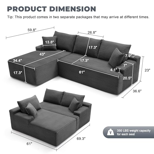 Cloud Sectional Couch, Boneless Sofa for Living Room, Modular Sectional Sofa with Deep Seat, Fluffy Comfy Couch with L-Shaped Chaise, No Assembly Required, Dark Grey