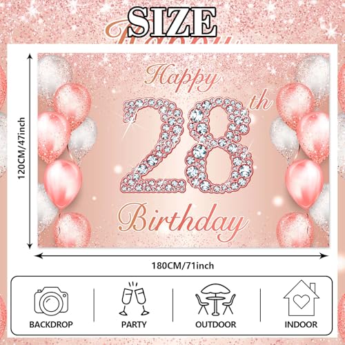 Image of Happy 28th Birthday Rose Gold Banner Cheers to 28 Years Old Backdrop Confetti Balloons Theme Decor for Women 28 Years Old Pink Birthday Party Decorations Bday Supplies Background Favors Gift Glitter