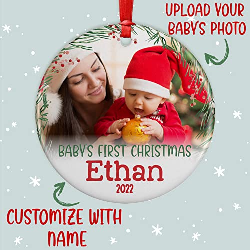 Custom Baby First Christmas Ornament 2022 With Babys Photo & Name - 10 Fonts - 3" First Christmas Ornament For Baby Boy, Girl - New Baby Gift - Babies 1St Christmas #TOP2