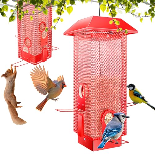 Squirrel Proof Bird Feeder, 2.5LBS Large Capacity Hanging Bird Feeders for Outdoors, Gravity Protection Anti-Squirrel Birdfeeder for Blue Jay, Cardinal, Outside (Red)