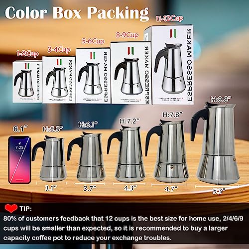 Ditosh Stovetop Espresso Maker Stainless Steel Moka Pot Espresso Maker Percolator Italian Coffee Maker Capable Moka Coffee Machine Cafe Percolator Maker For Home & Camping-12Cup #TOP1