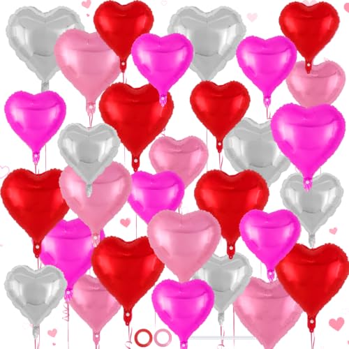 Image of 50 Pcs Red Pink Silver Rosered Heart Balloons,5 Inch and 10 Inch Heart Foil Balloons Love Balloon Valentine Balloon for Birthday Party Wedding Engagement Party Baby Shower Valentine Day Decorations