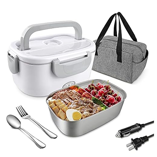 Electric Lunch Box for Car/Truck and Work,Synmixx Portable Food Warmer Heater 110V 12V-24V 40W with 1.5L Removable Food Grade 304 Stainless Steel (Premium Grey)