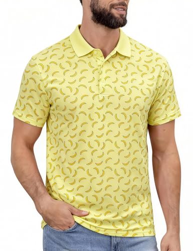 Funny World Banana Shirts for Men Quick-Dry Short Sleeve Moisture Wicking Tropical Fruit Golf Shirts Beach Aloha Hawaiian Polo, Banana, Large