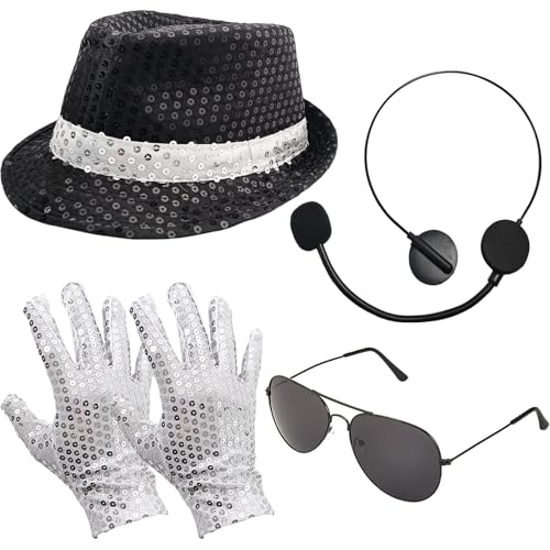 CiviLight Pop Star Costume Rock Super Star Cosplay Accessories Halloween Famous Singer Outfit Sunglasses Fake Microphone Sequin Hat Gloves
