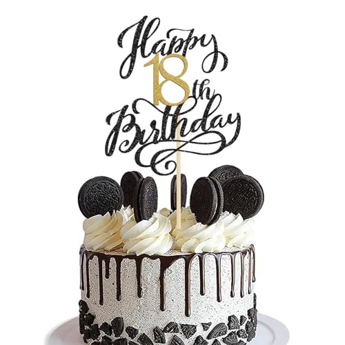 1 Pack Happy 18th Birthday Cake Topper Glitter Black Gold Birthday Cake Decoration 18 Fabulous Cake