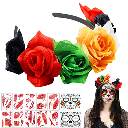Diadema del Día de Muertos con Rosas Rojas,Diadema del Día De Muertos,12 Hojas Halloween Tatuajes Temporales de Cara, para Halloween, disfraces y fiestas Cover