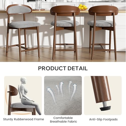 Image of Counter Height Bar Stools Set of 2, Upholstered Kitchen Bar Stools with Back, Mid Century Modern Counter Stools with Wood Legs for Kitchen Island Dining Room Bar, Khaki