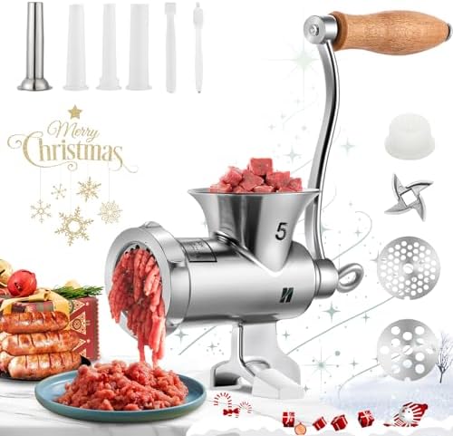 Huanyu Stainless Steel Meat Grinder Manual with Table Clamp Sausage Stuffer Food Mill Hand Crank for Chicken,Beef,Small Bone,Chili HZ-5