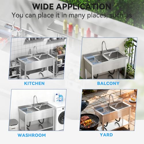 Image of 46.9Inch Stainless Steel Utility Sink 2-Compartment Commercial Sink with Pull-out Faucet, Free Standing Double Bowl Kitchen Sink for Restaurant, Garage, Shop, Cafe