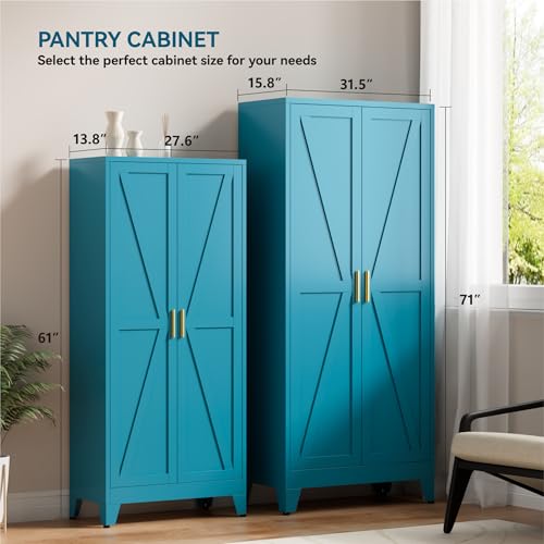 Image of Farmhouse Pantry Cabinet with Barn Doors, 71 inch H x 31.5 inch W, 5-Tier Metal Storage Cabinet with 4 Adjustable Shelves for Kitchen Garage Dining Room,Blue 1 Pack
