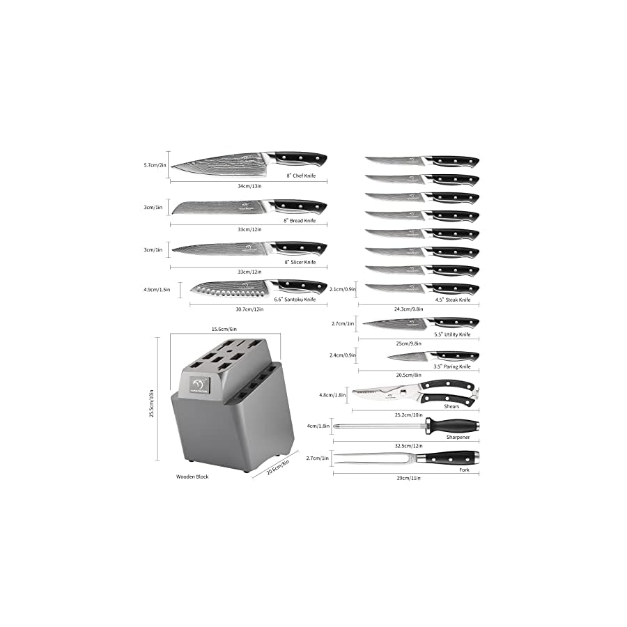 18-Pieces-Damascus-Kitchen-Knife-Set-8-Piece-Steak-Knives-Non-slip-ABS-Ergonomic-Triple-Rivet-Handle-for-Meat-Fork-Knife-Sharpener-and-Kitchen-Shears-17-Slots-Fraxinus-Manchuria-Knife-Block-Grey 18 Pieces Damascus Kitchen Knife Set, 8 Piece Steak Knives, Non-slip ABS Ergonomic Triple Rivet Handle for Meat Fork, Knife Sharpener and Shears, 17 Slots Fraxinus Manchuria Knife Block (Grey)