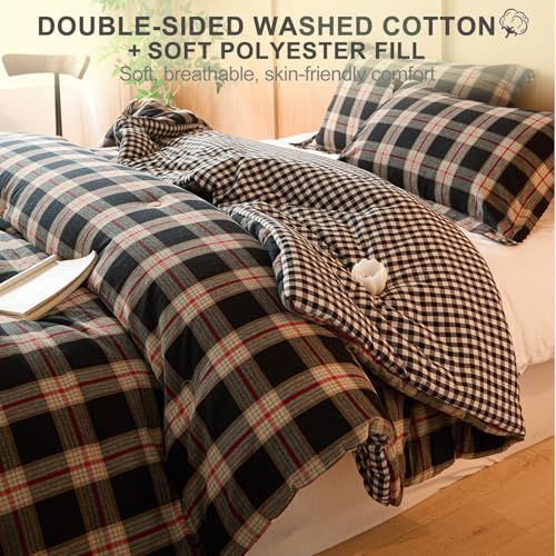 Image of 100% Cotton Comforter Set Full Size - Reversible Yarn-Dyed Checkered Design, Soft Washed Cotton on Both Sides, Lightweight All-Season Bedding, Machine Washable(Black Red Plaid, 80 inchx90 inch)