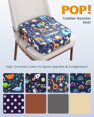 Image of Toddler Booster Seat for Dining Table and Kitchen Chair - Adjustable Safety Straps, PU Leather, Non-Slip, Easy to Clean, Portable Travel Foam Booster Cushion for Kids & Toddlers ((Blue-Animals)