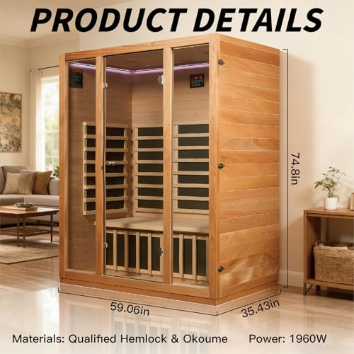 Image of Infrared Sauna,Low EMF,3 Person Sauna,Premium Wood,Indoor Sauna | 1960W /120V infrared heating, BT speaker, chromotherapy LED, reading light, spacious design for comfortable family wellness