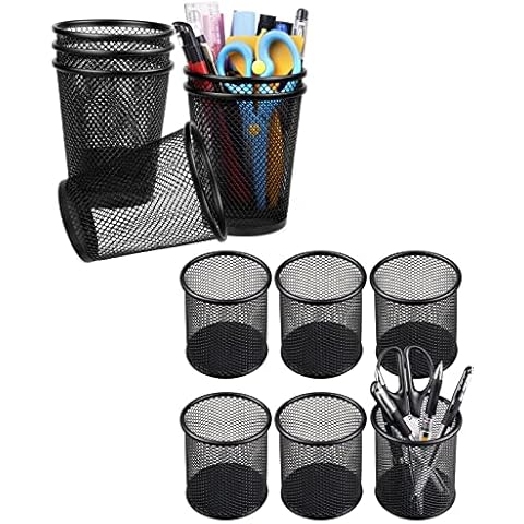 QYH Mesh Pencil Holder for Desk 6 Packs Black (4.3 x3.56 x2.6 In, 3.54x3.93 In) Metal Pen Cup Cover
