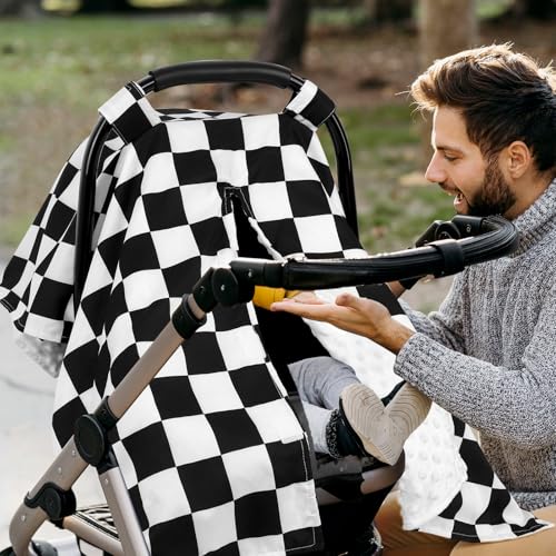 Image of DILIMI Baby Car Seat Cover, Minky Warm Car Seat Covers for Babies, Peekaboo Opening Infant Car Seat Cover, Nursing Cover Carseat Canopy, Black Checkered
