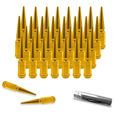 CA Supplies 32PCs 9/16-18 Spike Gold Solid Steel Lug Nuts 4.5 INCHES Tall with Key Cover