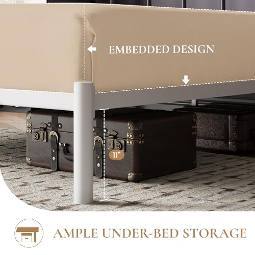 Image of SHA CERLIN King Size Metal Platform Bed Frame with Victorian Vintage Headboard /Under Bed Storage /No Box Spring Needed /Easy Assembly /Noise Free /Mattress Foundation /White