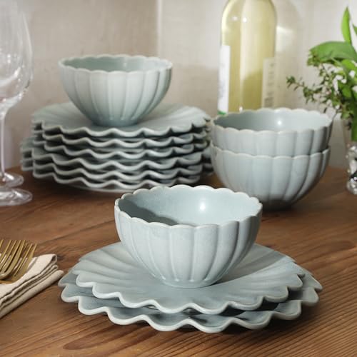 Image of Gibson Elite Bistro Fleur Plates and Bowls Sets, 12-Piece Stoneware Dinnerware Set for 4, Sage Blue Scalloped Dish Set with Dinner Plates, Salad Plates & Bowls