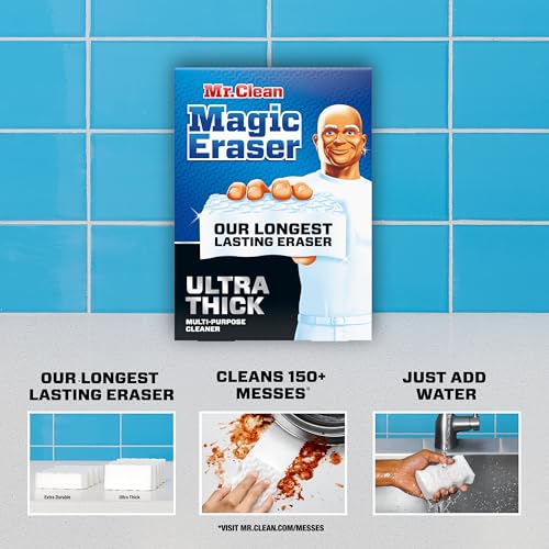 Image of Mr. Clean Magic Eraser Sponge, All Purpose Cleaner, Long Lasting Cleaning Scrubber, Wall Cleaner, Sneaker Cleaner, Oven Cleaner, Kitchen, Bathroom, Shower Cleaning Supplies, Ultra Thick, 5ct